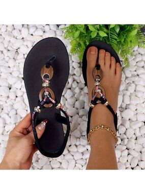 Women Black Sandals Beaded Wooden Accent Size 40 Elastic Strap Comfortable Flat